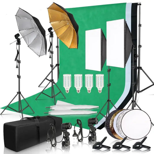 Kit d'Éclairage Softbox pour Studio Photo avec Cadre de Fond 2.6x3M, 3 Fonds, Trépied, Planche Réflectrice et 4 Parapluies