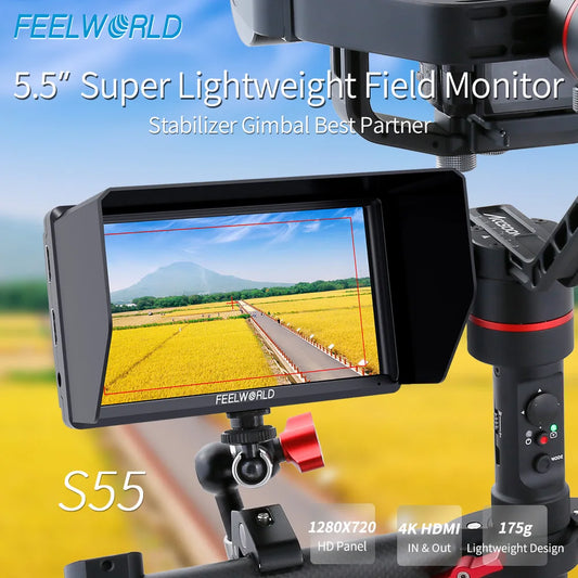 FEELWORLD S55 5.5 pouces Moniteur de terrain DSLR avec Assistants de Mise au Point, Résolution 1280x720, Entrée HDMI 4K, Sortie DC, Inclut un bras inclinable