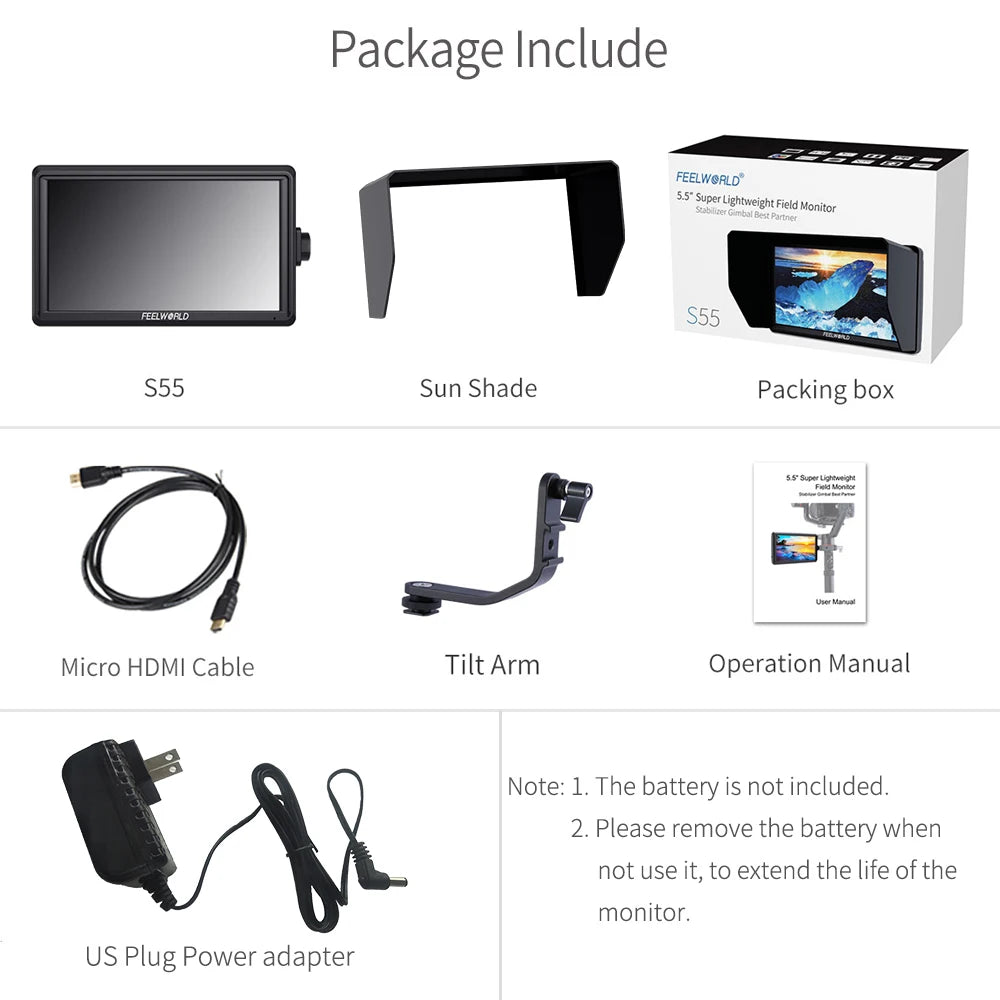 FEELWORLD S55 5.5 pouces Moniteur de terrain DSLR avec Assistants de Mise au Point, Résolution 1280x720, Entrée HDMI 4K, Sortie DC, Inclut un bras inclinable