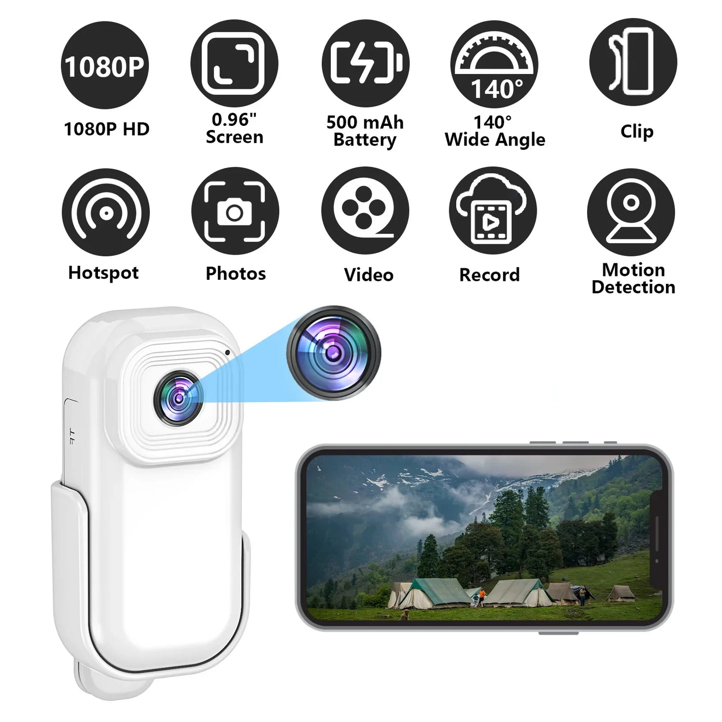 Caméra Mini HD 1080P WiFi avec Enregistrement Vidéo et Audio - Enregistreur Portable pour Sports Extérieurs - Support Magnétique pour Vélo - Caméra pour Maison Connectée