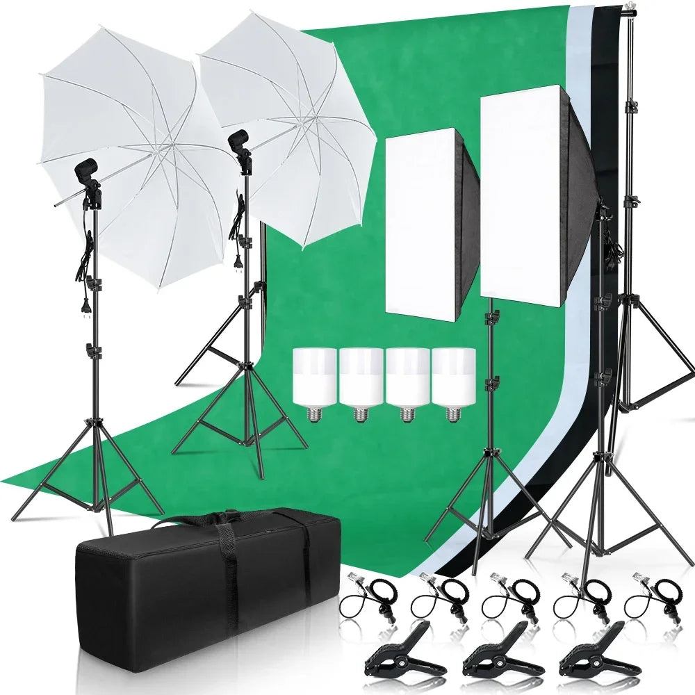 Kit d'Éclairage Softbox pour Studio Photo avec Cadre de Fond 2.6x3M, 3 Fonds, Trépied, Planche Réflectrice et 4 Parapluies