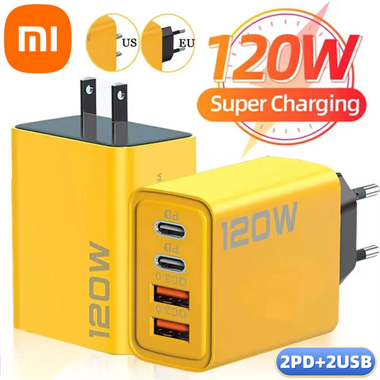 Chargeur Ultra Rapide Xiaomi 120W USB 3.0 Type C - Chargeur PD à 4 Ports pour iPhone 15 Pro Max, Chargement Rapide EU/US