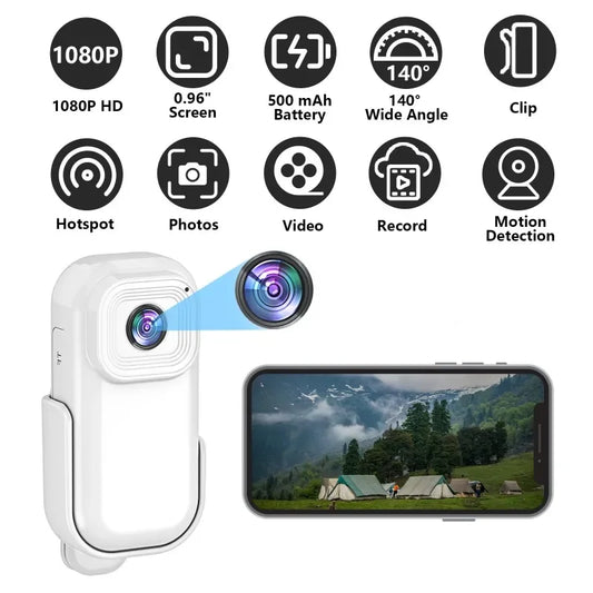 Caméra Mini HD 1080 WiFi Poche enregistreur vidéo audio extérieur avec enregistrement en boucle, clip magnétique, caméra pour vélo et maison intelligente
