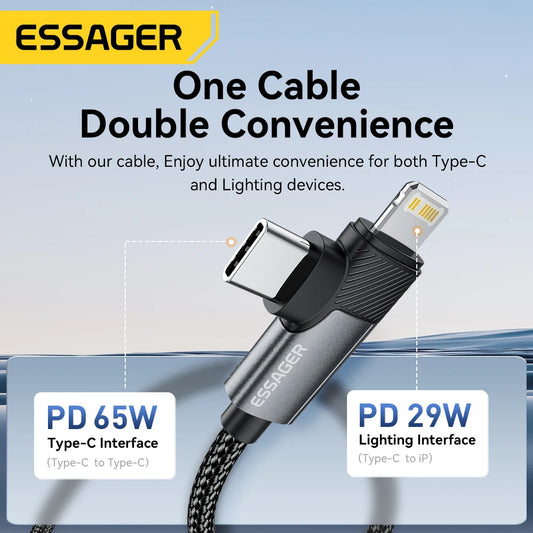 Essager PD 65W Max 2 en 1 Câble Type C vers Type C et Lightning pour Samsung, Xiaomi, iPhone 14/13/12/11 Pro Max, Xs Plus - Câble de données
