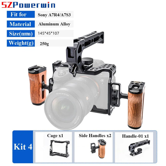 Powerwin Camera Cage Pour Sony A7R4 A7M4 A74 A7S3 avec Kit Poignée en Bois Alliage d'Aluminium Multifonctionnel Vis de Positionnement Arri