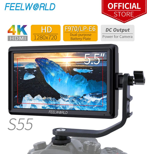 FEELWORLD S55 5.5 pouces Moniteur de terrain DSLR avec Assistants de Mise au Point, Résolution 1280x720, Entrée HDMI 4K, Sortie DC, Inclut un bras inclinable