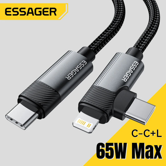 Essager PD 65W Max 2 en 1 Câble Type C vers Type C et Lightning pour Samsung, Xiaomi, iPhone 14/13/12/11 Pro Max, Xs Plus - Câble de données