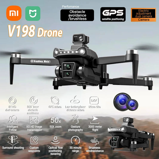 Drone GPS V198 pour Xiaomi avec caméra professionnelle 8K, WiFi 5G, évitement d'obstacles, flux optique, moteur sans balai, quadricoptère pliable