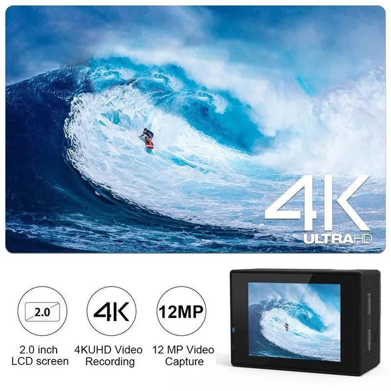 Caméra Sport Ultra HD 4K/30fps avec WiFi, Écran 2", 170° - Caméra Sous-Marine Étanche, Enregistrement Vidéo, Support Casque