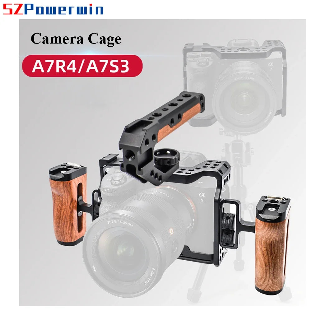 Powerwin Camera Cage Pour Sony A7R4 A7M4 A74 A7S3 avec Kit Poignée en Bois Alliage d'Aluminium Multifonctionnel Vis de Positionnement Arri