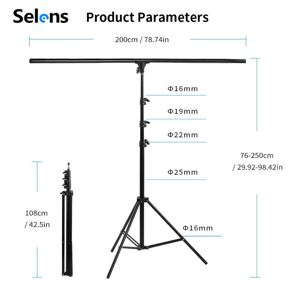 Support de Fond Portable Selens en Forme de T, Réglable, avec Cadre pour Fond de Photographie, Kit pour Studio Photo, Accessoires de Prise de Vue