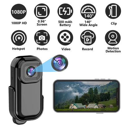 Caméra Mini HD 1080 WiFi Poche enregistreur vidéo audio extérieur avec enregistrement en boucle, clip magnétique, caméra pour vélo et maison intelligente
