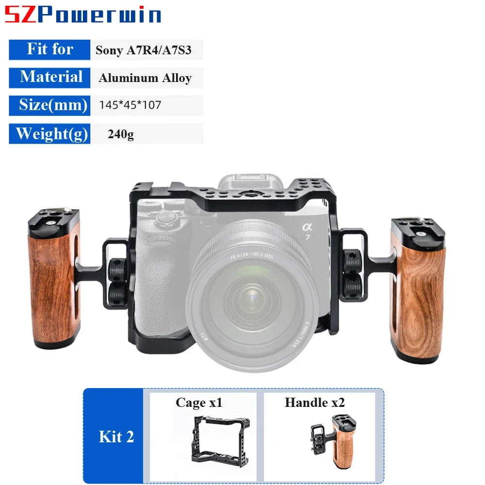 Powerwin Camera Cage Pour Sony A7R4 A7M4 A74 A7S3 avec Kit Poignée en Bois Alliage d'Aluminium Multifonctionnel Vis de Positionnement Arri