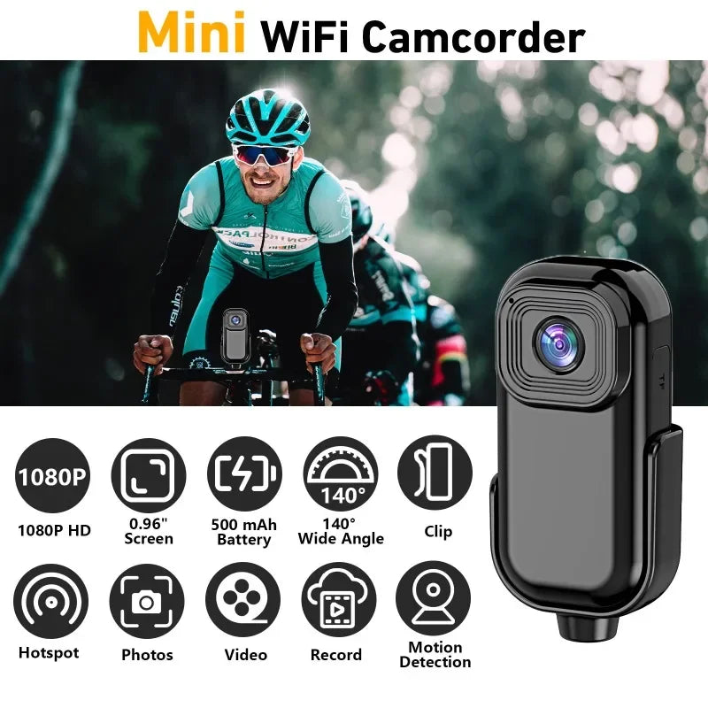 Caméra Mini HD 1080 WiFi Poche enregistreur vidéo audio extérieur avec enregistrement en boucle, clip magnétique, caméra pour vélo et maison intelligente