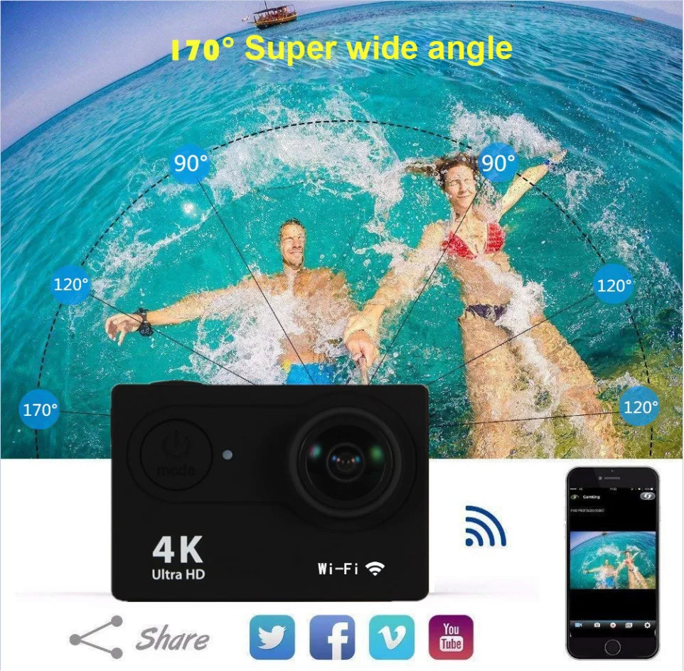 Caméra Sport Ultra HD 4K/30fps avec WiFi, Écran 2", 170° - Caméra Sous-Marine Étanche, Enregistrement Vidéo, Support Casque