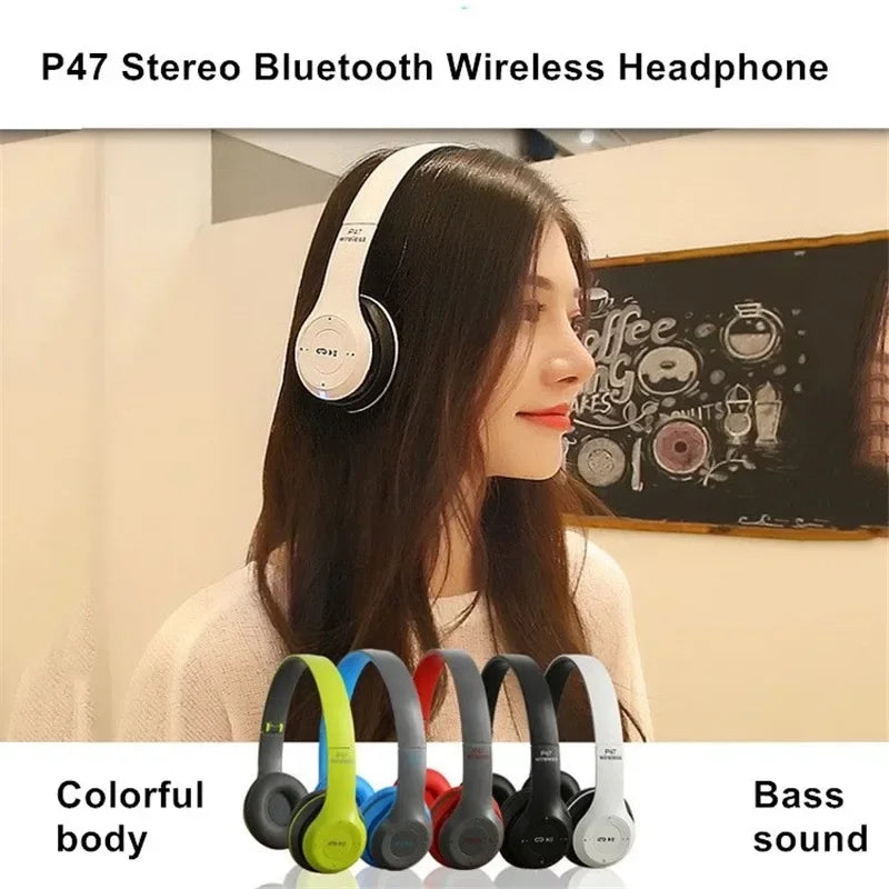 P47 Casque Bluetooth 5.0 Sans Fil HIFI Stéréo avec Bass, Microphone, Adaptateur USB, Casque Pliable pour Enfants, Compatible iPhone et Jeux