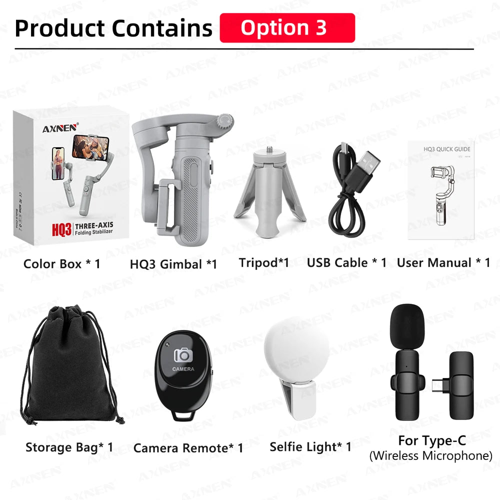 Stabilisateur Gimbal 3-Axes à Main pour Smartphone, Stabilisateur Vidéo pour Vlog pour iPhone Xiaomi Huawei Samsung