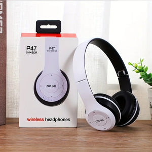 P47 Casque Bluetooth 5.0 Sans Fil HIFI Stéréo avec Bass, Microphone, Adaptateur USB, Casque Pliable pour Enfants, Compatible iPhone et Jeux
